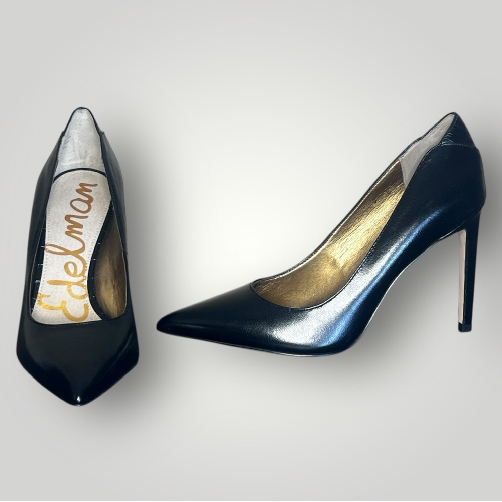 Sam Edelman Pointed Toe Black Leather Stiletto Pump Heels Women’s 7 - Picture 2 of 6